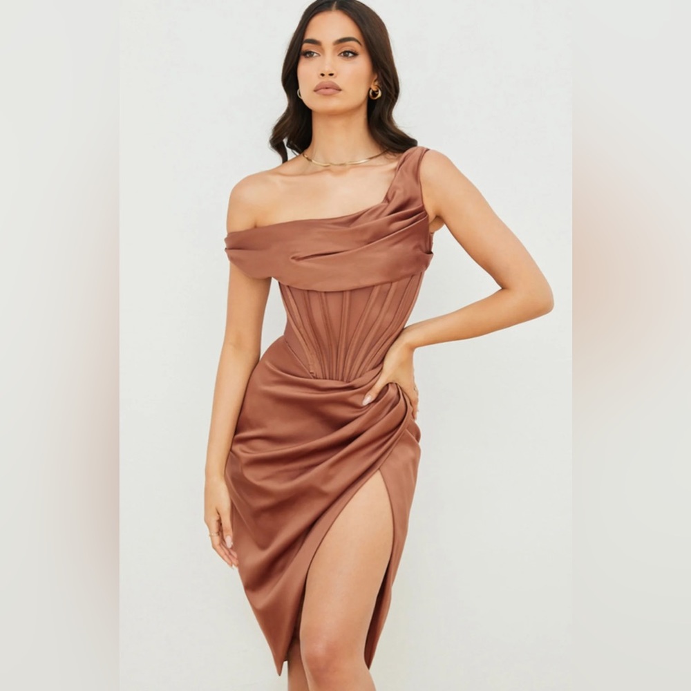 House of CB Lulu Toffee Asymmetric Corset Dress Size S